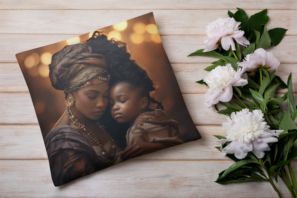 A Mother's Love Black Art Pillow "Embrace Comfort, Celebrate Maternal Bond"
